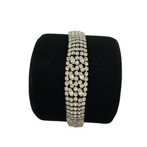 Vintage 1950s Weiss 5 Row Clear Rhinestones Silvertone Wide Bracelet Marquise